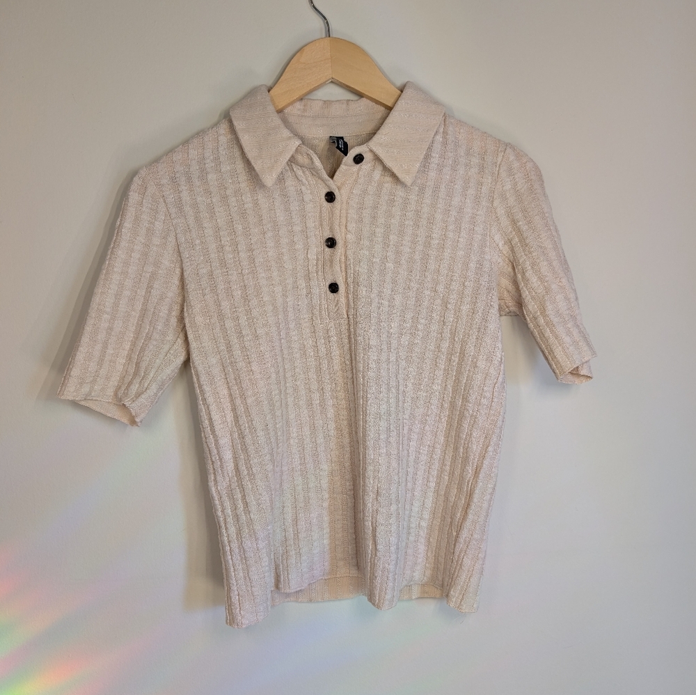 Zara Cream Textured Knit Polo Shirt Medium Short Sleeve Ribbed Beige